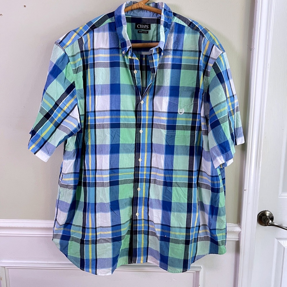 Chaps Plaid Button Down Shirt Mens XL Short Sleeve Easy Care Blue Green Preppy